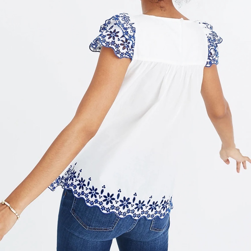 MADEWELL | EUC Story Top White with Blue Floral Embroidery Ruffle Cap Sleeve - Picture 11 of 11
